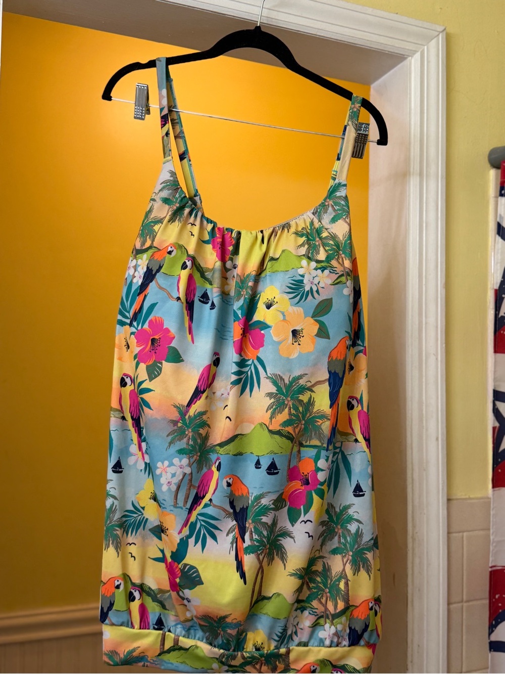 Lane Bryant Tropical Parrot Print swim blouson top in Blue, Yellow, Pink an